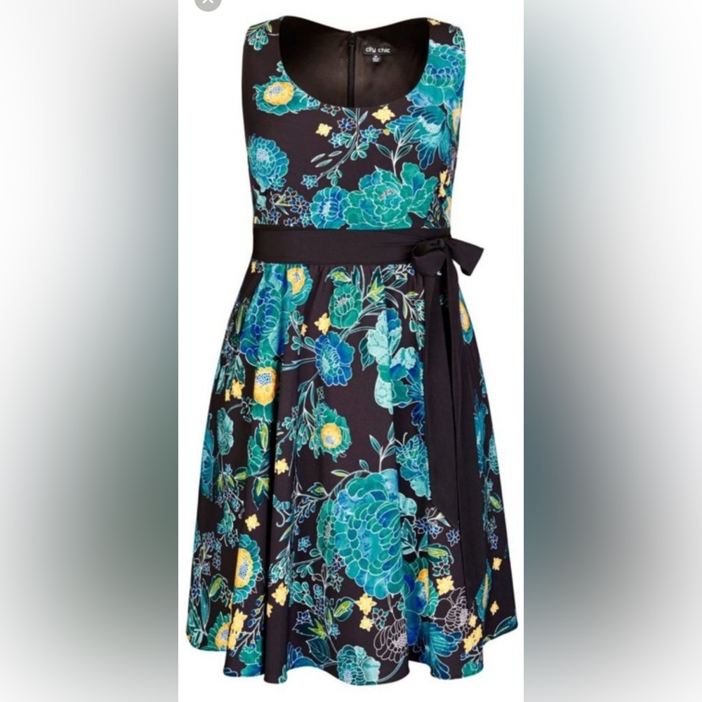 City Chic Blue & Yellow Floral Fit & Flare V-Neck Sundress City Size XL / Sz 22